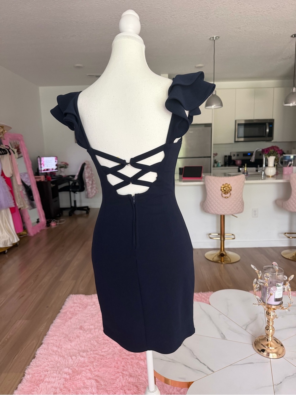 Barbiecore Women’s Navy Ruffle Sleeve Bodycon Dress with back detail - Picture 12 of 12